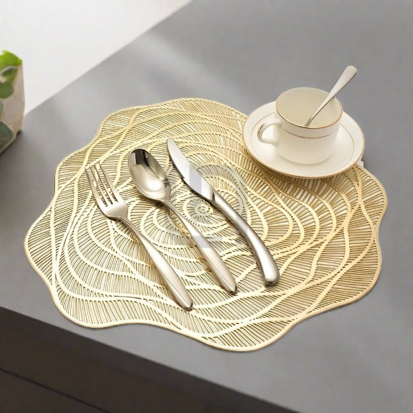 PVC Placemats & Coaster Hollow Out Non Slip Dining Table Mats - Golden
