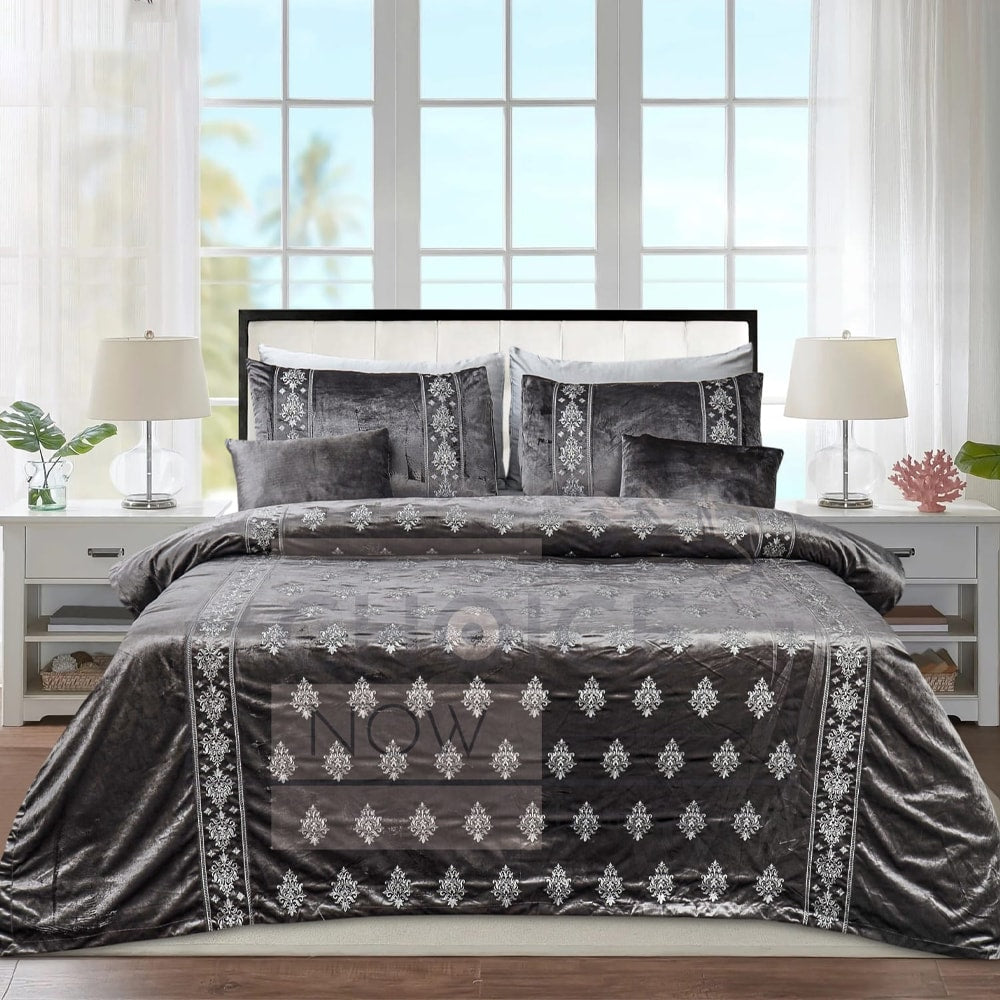 Bridal Velvet Bed Sheet Comforter Set – Charcoal