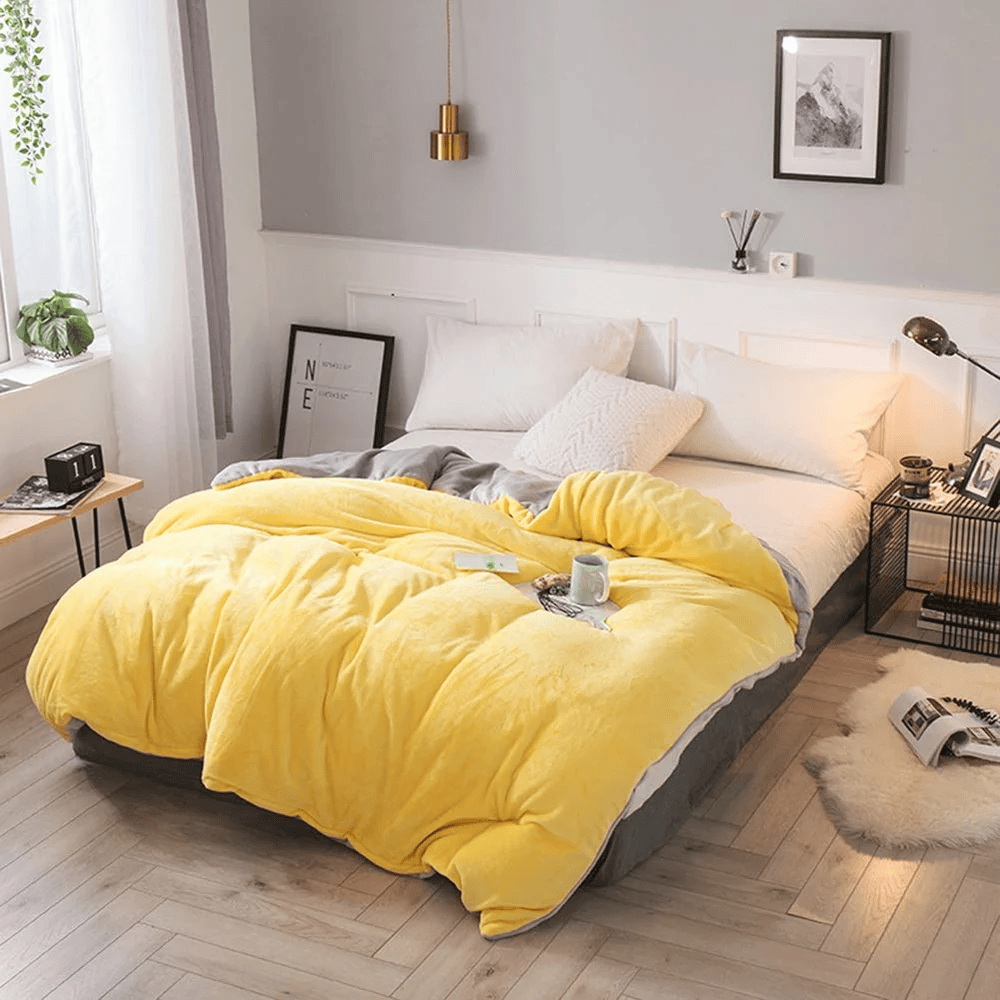 Reversible Velvet Quilt Cover - Yellow & Grey