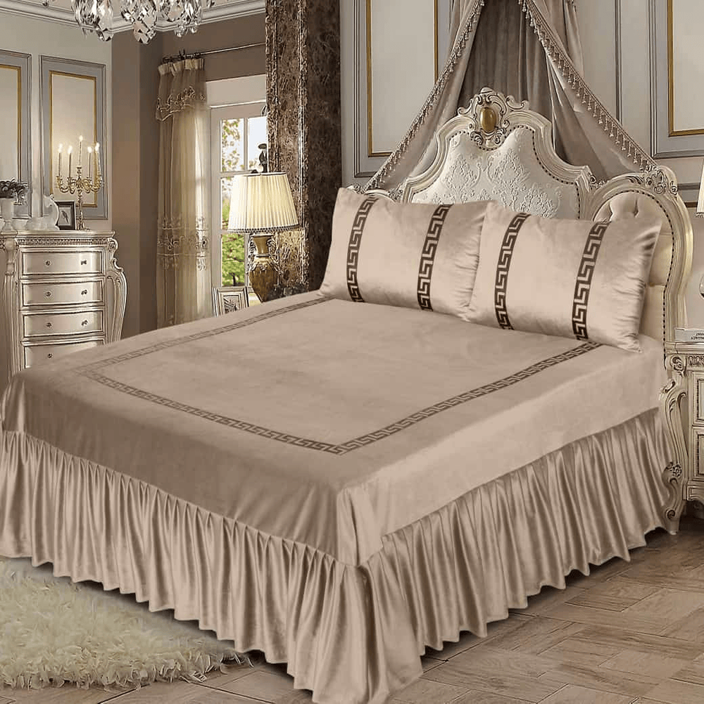 Versace Velvet Bridal Bed Sheet Set – Beige - King Size