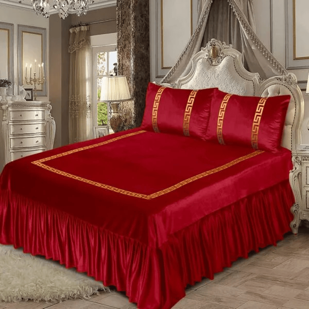 Versace Velvet Bridal Bed Sheet Set – Red - King Size
