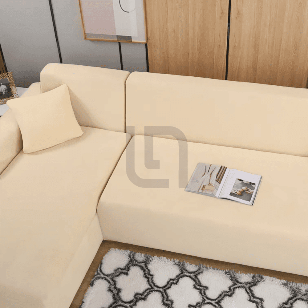 L-Shape Fitted Jersey Sofa Cover - Beige