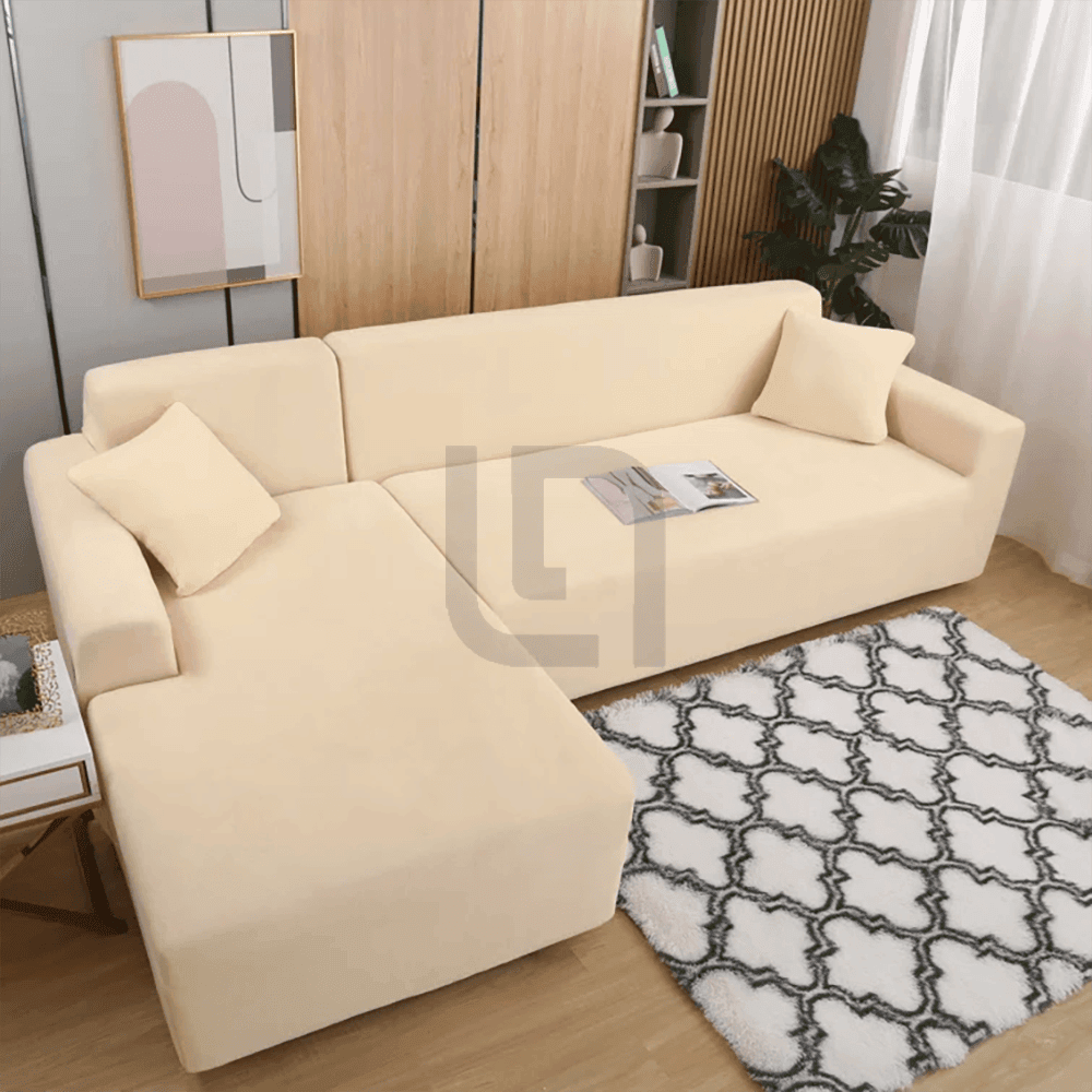L-Shape Fitted Jersey Sofa Cover - Beige