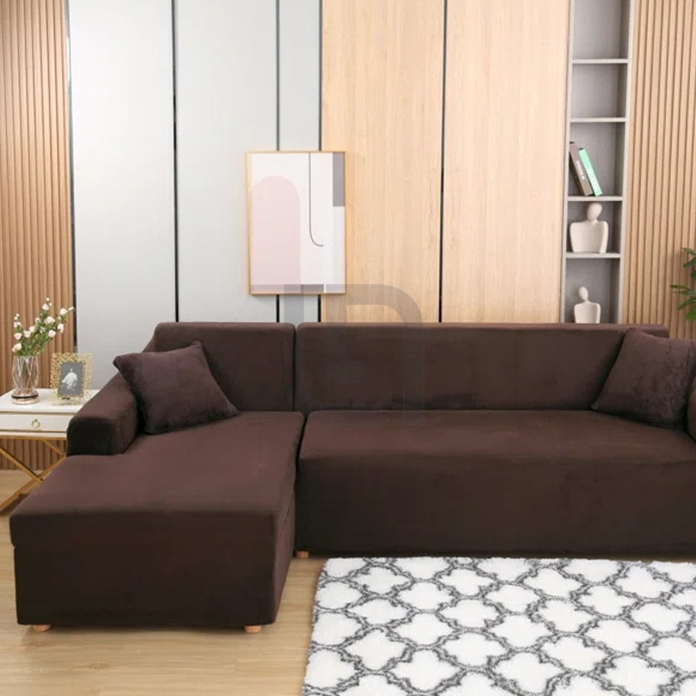 L-Shape Fitted Jersey Sofa Cover - Brown