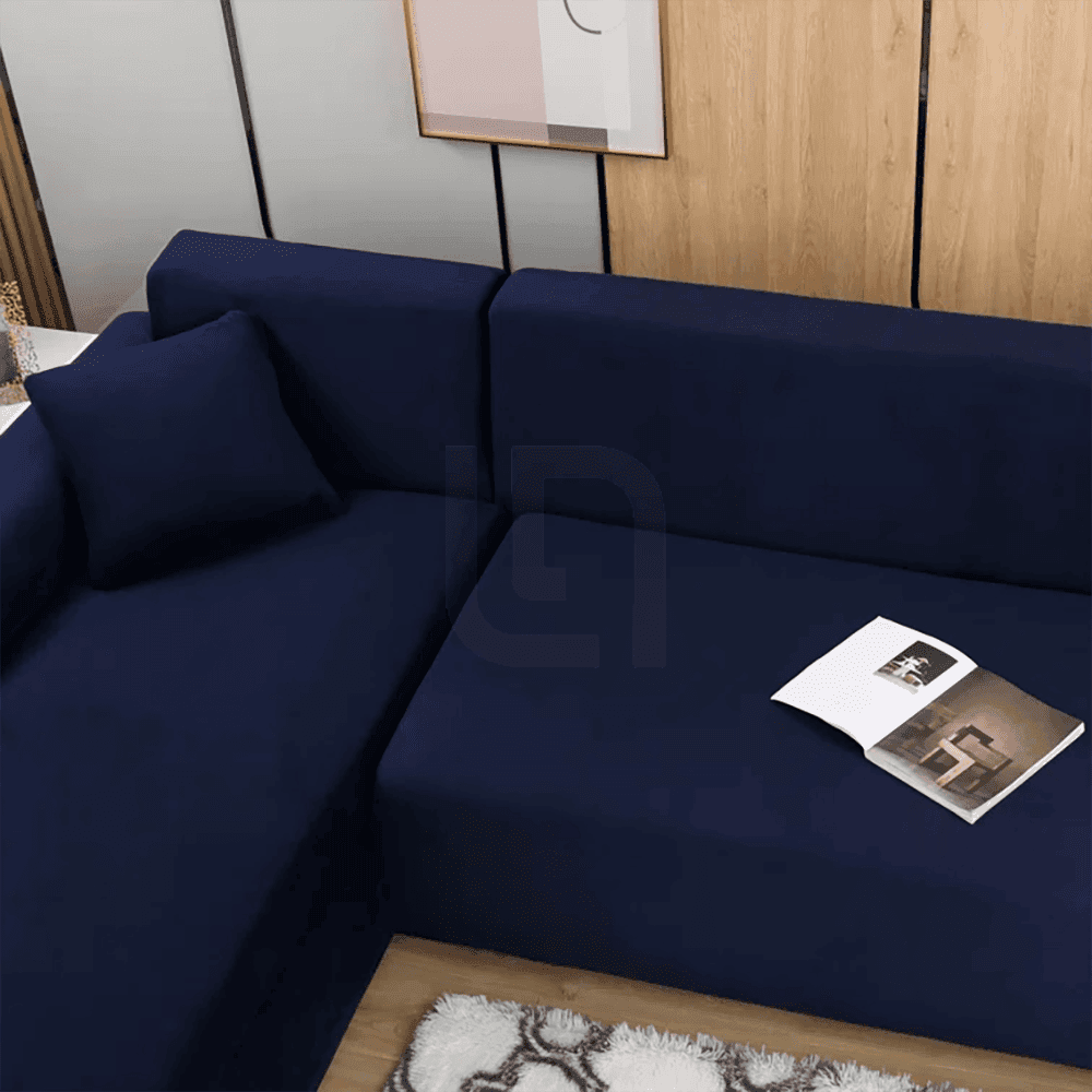L-Shape Fitted Jersey Sofa Cover - Dark Blue
