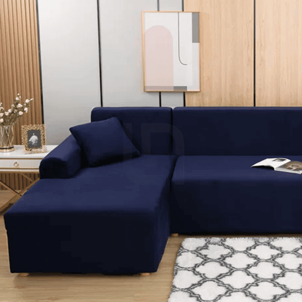 L-Shape Fitted Jersey Sofa Cover - Dark Blue