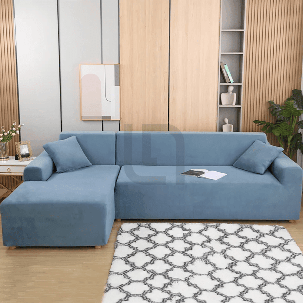 L-Shape Fitted Jersey Sofa Cover - Light Blue
