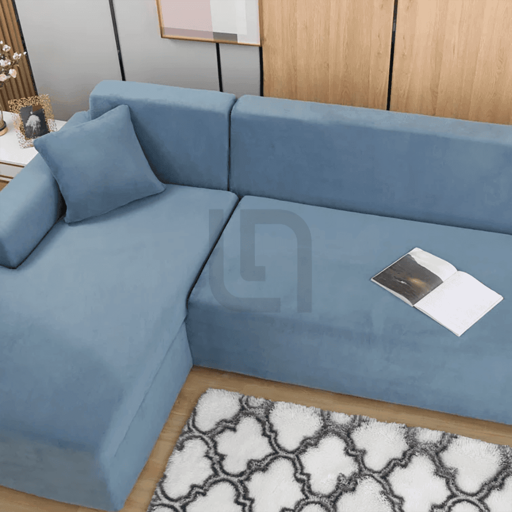 L-Shape Fitted Jersey Sofa Cover - Light Blue
