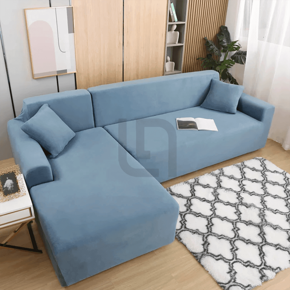 L-Shape Fitted Jersey Sofa Cover - Light Blue