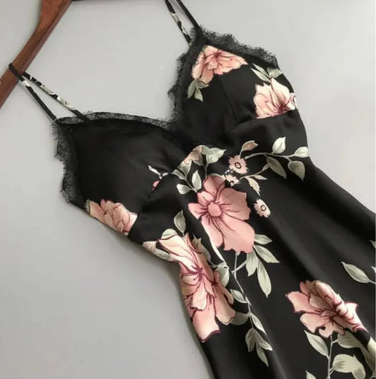 Womens Lace Floral Silk Feel Gown Sleeveless Sleep Wear