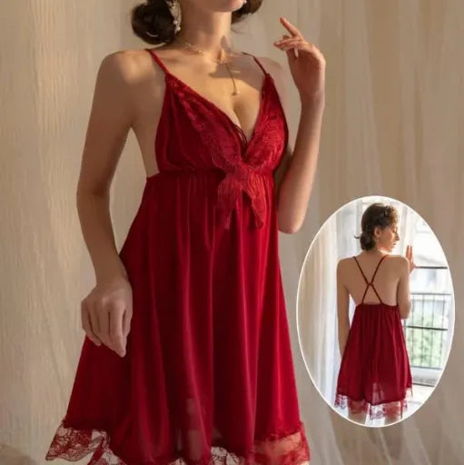 V Neck Shape Hot Nighty In Red Lace Colour For Girls