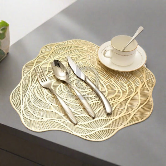  PVC Placemats & Coaster Hollow Out Non Slip Dining Table Mats - Golden