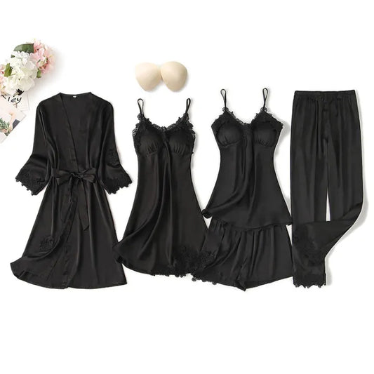 5 Piece Silk Nighty Set with Lace Padded and Stretchable Sleepwear