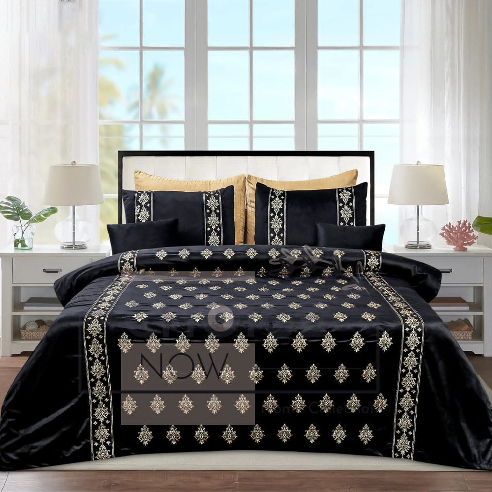  Bridal Velvet Bed Sheet Comforter Set – Black