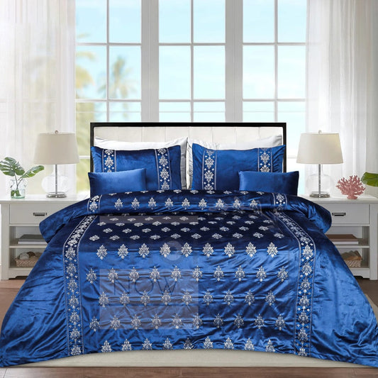  Bridal Velvet Bed Sheet Comforter Set – Blue