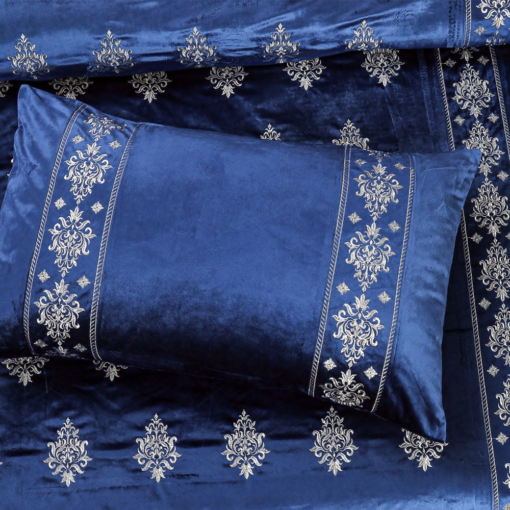  Bridal Velvet Bed Sheet Comforter Set – Blue