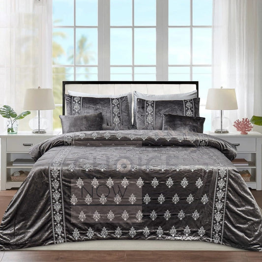  Bridal Velvet Bed Sheet Comforter Set – Charcoal