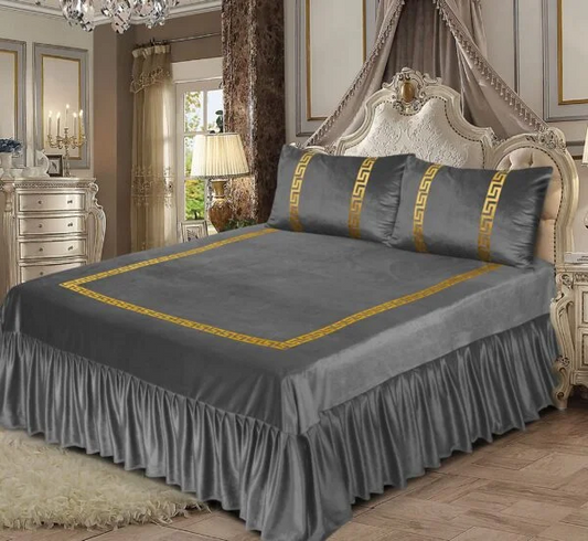 Versace Velvet Bridal Bed Sheet Set – Grey - King Size