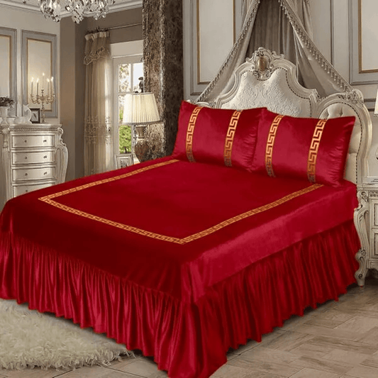Versace Velvet Bridal Bed Sheet Set – Red - King Size