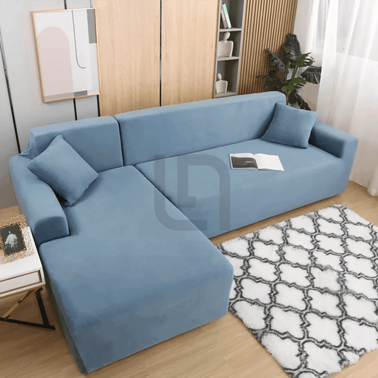 L-Shape Fitted Jersey Sofa Cover - Light Blue